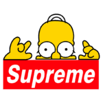 Homer Simpson fazendo o símbolo de "rock" com as mãos, atrás de uma caixa vermelha com a palavra "Supreme" em branco.