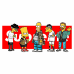 Imagem ilustrativa dos personagens da série Os Simpsons, incluindo Bart e Homer, vestidos com roupas de estilo urbano e streetwear, em um fundo vermelho com a marca Supreme. A arte destaca a cultura pop e a influência da moda contemporânea.