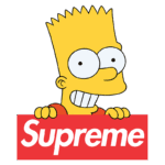 Bart Simpson segurando uma placa vermelha com a palavra "Supreme", representando a fusão entre cultura pop e moda urbana.