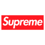 Logo da marca Supreme em fundo vermelho, destacando o nome da marca em letras brancas, representando moda streetwear e cultura urbana.