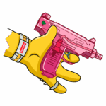 Ilustração de uma mão amarela segurando uma pistola rosa estilizada, com um detalhe em verde. O pulso usa um bracelete com a marca Supreme, destacando uma estética urbana e contemporânea.