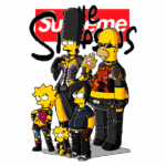 Personagens da série "Os Simpsons" em estilo alternativo, vestindo roupas de estilo punk e rock, com fundo vermelho e o logotipo da Supreme ao fundo. Representa a família Simpson com um visual moderno e ousado.