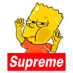 Bart Simpson estilizado com um olhar despreocupado, usando uma camiseta laranja e segurando as mãos em um gesto de descontração, com o logotipo da marca "Supreme" em destaque na parte inferior.