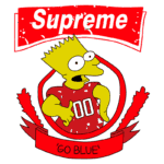Imagem estilizada do personagem Bart Simpson, usando uma camisa vermelha com o número 00 e a frase "Supreme" em destaque. Ao fundo, um emblema com elementos decorativos vermelhos, complementado pela expressão "Go Blue".