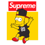 Bart Simpson vestido com uma camiseta preta com o número 89, usando um boné virado para trás, ao lado do logotipo vermelho da Supreme sobre um fundo amarelo.