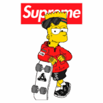 Bart Simpson estilizado com roupas da Supreme, segurando um skate. O fundo apresenta o famoso logotipo vermelho da marca.