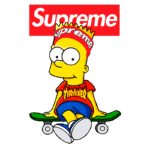 Bart Simpson estilizado, usando uma camiseta da Thrasher e um boné da Supreme, sentado em um skate. Fundo colorido com o logo da Supreme. Ideal para entusiastas da cultura pop e moda urbana.