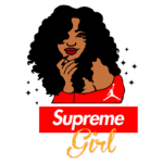 Ilustração de uma mulher com cabelos crespos e volumosos, vestindo uma blusa vermelha com o logo da Jordan. Ela está sorrindo enquanto apoia o queixo na mão, com a frase "Supreme Girl" em destaque na parte inferior. O fundo possui detalhes brilhantes que ressaltam a imagem.