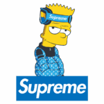 Bart Simpson vestido com um casaco azul estilizado da Louis Vuitton e usando um acessório da marca Supreme. O fundo exibe o logotipo da Supreme em destaque.