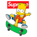 Bart Simpson com um skate verde, realizando um truque enquanto sorri, com o logo da marca Supreme destacado ao fundo.
