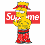 Ilustração de Bart Simpson com estilo urbano, vestido com roupas coloridas, incluindo calças largas vermelhas estampadas e camiseta sem mangas. Ele exibe tatuagens no abdômen e usa um bandana vermelho com logo de grife ao fundo, destacando a marca Supreme.