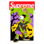 Ilustração do Bart Simpson em estilo pop art, com visual zombificado, usando uma camiseta preta e calças roxas. Ele segura um estilingue e está posicionado em frente a um fundo colorido de Halloween com morcegos e árvores. O logo da Supreme aparece na parte superior da imagem.