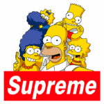 Família Simpson em ilustração colorida com Homer, Marge, Bart, Lisa e Maggie, destacando a marca Supreme na parte inferior.