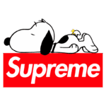 Imagem do personagem Snoopy deitado com o texto "Supreme" em vermelho ao fundo, destacando a fusão da cultura pop com a moda streetwear.
