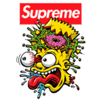 Ilustração de um personagem amarelo com expressão exagerada, com olhos esbugalhados e língua de fora, em meio a explosões coloridas e uma rosquinha, sobre o logotipo da marca Supreme. A arte combina elementos de cultura pop e streetwear.