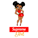 Ilustração de uma personagem feminina estilizada vestindo um conjunto vermelho e saias com o logotipo Jordan, destacando o estilo urbano e a moda jovem. Abaixo, está escrito "Supreme Girl" em fonte moderna.
