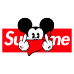 Ilustração de um personagem inspirado no Mickey Mouse, fazendo gesto obsceno com as mãos, em frente ao logo da marca Supreme, que destaca o nome em letras brancas sobre fundo vermelho.