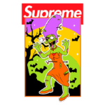 Ilustração de personagem inspirado em Halloween, com pele verde e vestido laranja, cercada por morcegos e árvores sem folhas, ao fundo um pôr do sol colorido, com o logotipo da Supreme em destaque no topo.