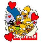 Ilustração colorida da família Simpson em um coração, com Homer, Marge, Bart, Lisa, Maggie e o gato preto, junto ao logotipo da Supreme em fundo vermelho.