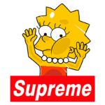 Imagem de uma ilustração da personagem Lisa Simpson, levantando as mãos em um gesto expressivo, com um fundo vermelho exibindo a palavra "Supreme" em letras brancas.