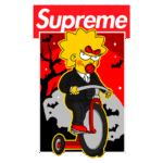 Maggie Simpson estilizada com uma fantasia de vampiro, montando uma bicicleta, com uma chupeta e um traje elegante, em um fundo temático de Halloween com morcegos e árvores. Logotipo da Supreme em destaque no topo da imagem.