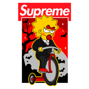 Maggie Simpson estilizada com uma fantasia de vampiro, montando uma bicicleta, com uma chupeta e um traje elegante, em um fundo temático de Halloween com morcegos e árvores. Logotipo da Supreme em destaque no topo da imagem.