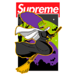 Ilustração da personagem semelhante à Margarida de "Os Simpsons", voando em uma vassoura com roupa de bruxa, cercada por um fundo colorido em verde e roxo, com o logotipo "Supreme" no topo. Ideal para coleção de roupas ou acessórios inspirados em cultura pop e Halloween.