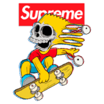 Ilustração de um personagem animado com cabeça de caveira andando de skate, vestindo uma camiseta vermelha e calças azuis, com o logotipo da Supreme ao fundo.