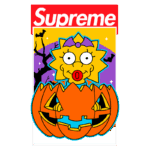 Ilustração estilizada de Maggie Simpson vestindo uma fita na cabeça, segurando um abóbora esculpida, com fundo de Halloween e o logotipo da Supreme no topo.