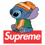 Ilustração de Stitch, personagem da Disney, vestindo roupa da marca Supreme, incluindo um gorro laranja e um moletom verde. O personagem está sentado sobre um fundo vermelho com o logotipo da Supreme em destaque.