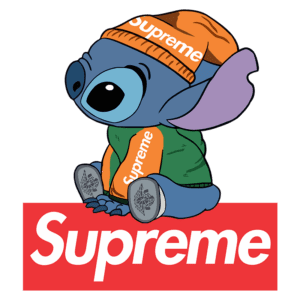 Ilustração de Stitch, personagem da Disney, vestindo roupa da marca Supreme, incluindo um gorro laranja e um moletom verde. O personagem está sentado sobre um fundo vermelho com o logotipo da Supreme em destaque.