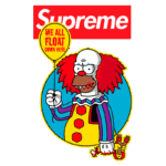 Imagem de um palhaço com cabelo vermelho e trajes coloridos, segurando um balão com a frase "We all float down here", ao lado do logotipo da Supreme em destaque. O design combina elementos de cultura pop e streetwear.