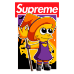 Imagem ilustrativa de uma personagem feminina animada com cabelos laranjas e vestido roxo, segurando um bastão com uma chama. Ao fundo, um cenário de Halloween com silhuetas de árvores e criaturas. O logotipo "Supreme" está destacado na parte superior.