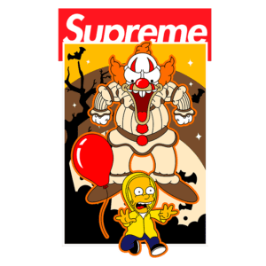 Ilustração com um palhaço assustador em destaque, inspirado em um filme de terror, junto a um personagem com capuz amarelo, segurando um balão vermelho. O fundo tem uma atmosfera sombria com árvores e uma lua. O logo "Supreme" está posicionado na parte superior.