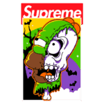 Ilustração de um personagem estilizado com rosto misturando um desenho animado e um crânio, coberto de gosma verde, com fundo colorido em tons de roxo e verde com morcegos. Logotipo da Supreme em vermelho na parte superior.