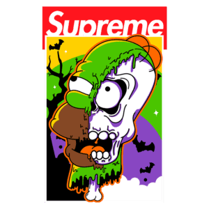 Ilustração de um personagem estilizado com rosto misturando um desenho animado e um crânio, coberto de gosma verde, com fundo colorido em tons de roxo e verde com morcegos. Logotipo da Supreme em vermelho na parte superior.