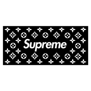 Logotipo da marca Supreme em branco, centralizado em um fundo preto decorado com padrões inspirados na moda de luxo.