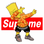 Bart Simpson usando um moletom laranja camuflado com calções pretos, posando em um estilo urbano. Ao fundo, logo da marca Supreme em vermelho e branco.
