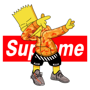 Bart Simpson usando um moletom laranja camuflado com calções pretos, posando em um estilo urbano. Ao fundo, logo da marca Supreme em vermelho e branco.