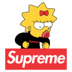 Imagem ilustrativa da personagem Lisa Simpson vestindo uma camiseta da marca Supreme, segurando uma chupeta com o logotipo da marca, representando a fusão da cultura pop com a moda urbana. Ideal para conteúdos sobre moda streetwear e referências na cultura contemporânea.