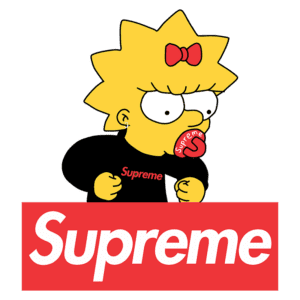 Imagem ilustrativa da personagem Lisa Simpson vestindo uma camiseta da marca Supreme, segurando uma chupeta com o logotipo da marca, representando a fusão da cultura pop com a moda urbana. Ideal para conteúdos sobre moda streetwear e referências na cultura contemporânea.