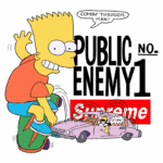 Bart Simpson andando de skate em direção a um carro rosa, com a frase "Comin' through, man!" em destaque. O fundo apresenta as palavras "Public Enemy No. 1" e o logotipo da marca Supreme.