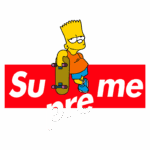 Imagem do personagem Bart Simpson segurando um skate, com a palavra "Supreme" em destaque ao fundo. Ideal para representar cultura pop e moda streetwear.