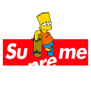 Imagem do personagem Bart Simpson segurando um skate, com a palavra "Supreme" em destaque ao fundo. Ideal para representar cultura pop e moda streetwear.