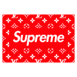 Logotipo da Supreme em destaque sobre um fundo vermelho com padrão da marca Louis Vuitton, representando a colaboração entre marcas de streetwear e moda de luxo.