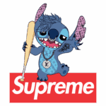 Personagem icônico inspirado em Stitch, segurando um taco de baseball, com estilo urbano e elementos da marca Supreme e Louis Vuitton, em um fundo colorido.
