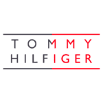 Logotipo da marca Tommy Hilfiger, apresentando o nome da empresa em letras maiúsculas, com cores azul escuro e vermelho, representando o estilo moderno e casual da moda.