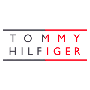 Logotipo da marca Tommy Hilfiger, apresentando o nome da empresa em letras maiúsculas, com cores azul escuro e vermelho, representando o estilo moderno e casual da moda.