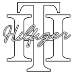 Logotipo da marca Tommy Hilfiger em estilo moderno com letras maiúsculas 'TH' e 'Hilfiger' em uma fonte cursiva elegante.