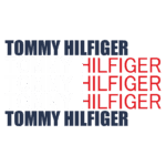 Logotipo da marca Tommy Hilfiger com a repetição do nome em diferentes cores: azul, branco e vermelho, destacando o design icônico e a identidade visual da grife.